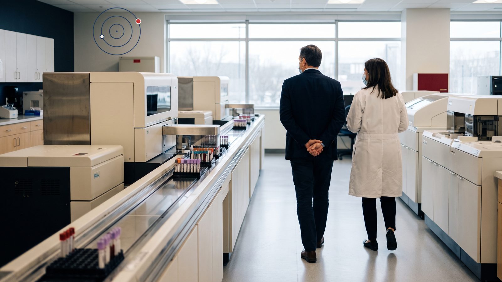 A visitor in a dark suit walks through a clinical laboratory with a scientist, past automated analyzers and a sample conveyor line
