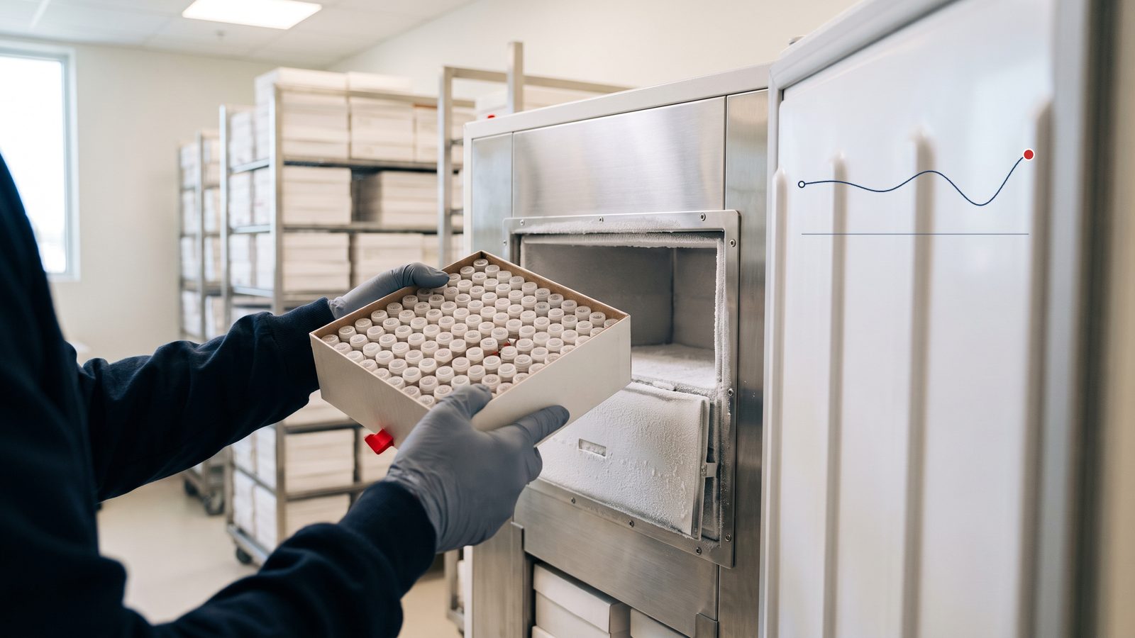 A gloved technician lifts a rack of sample tubes from an ultra-low temperature freezer in a biobank storage room