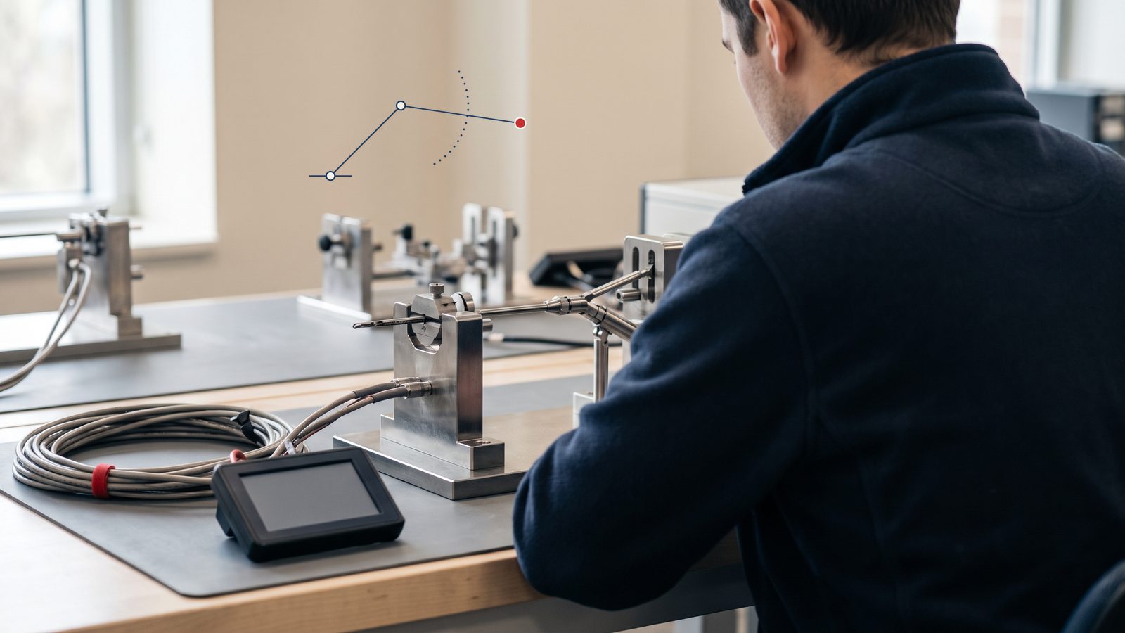 An engineer at a bench adjusts a device test fixture, with coiled cabling and a handheld controller in front of him
