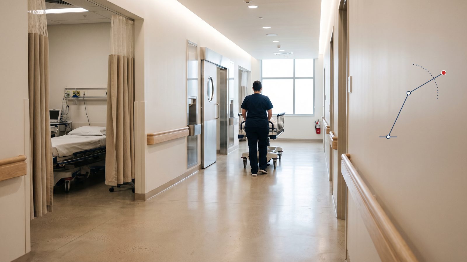 A staff member pushes a cart down the corridor of an outpatient surgery center, past pre-op bays with the curtains drawn back