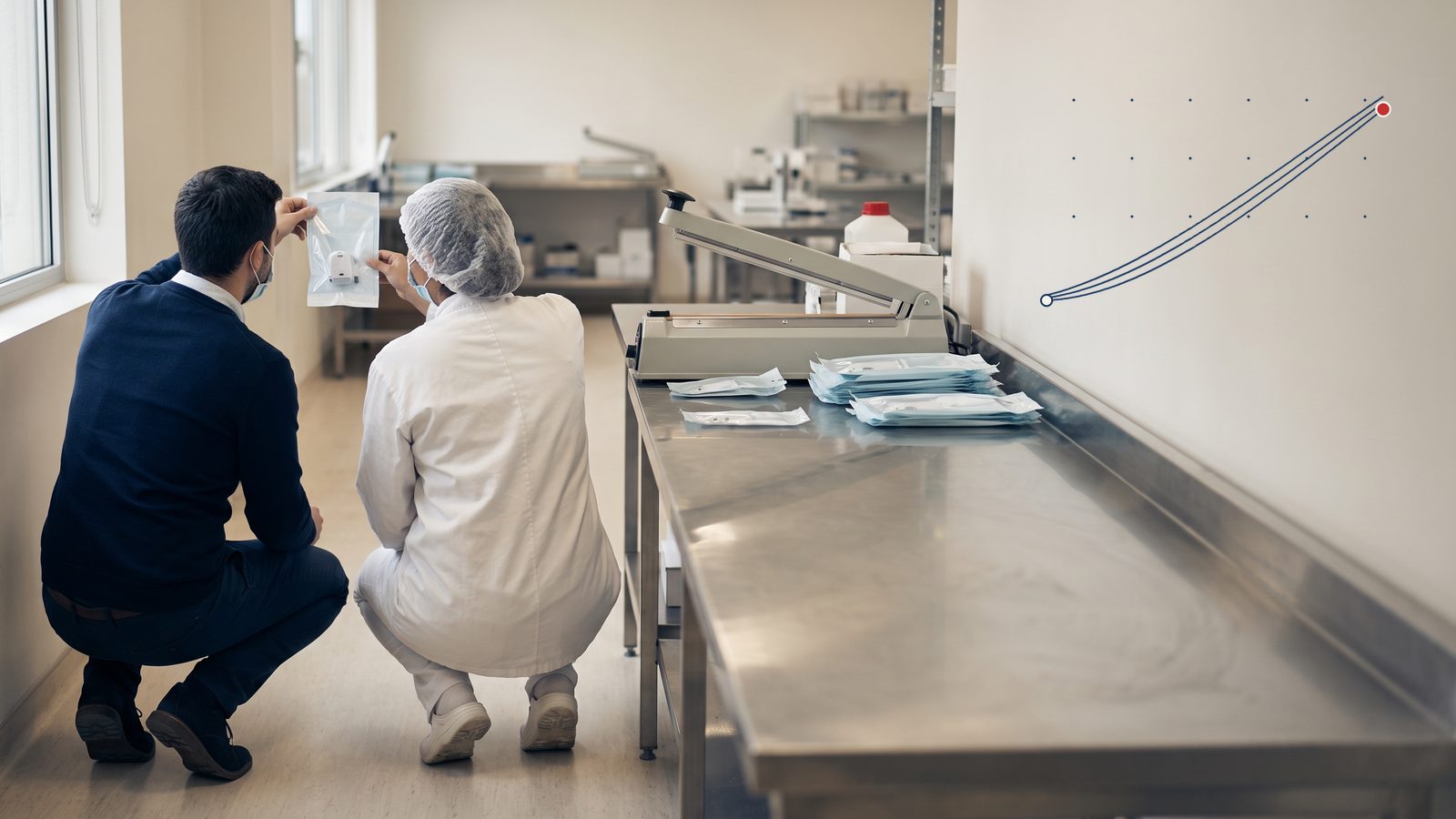 An executive in a navy jacket and a production technician crouch together to inspect a sealed sterile pouch beside a stainless steel packaging bench