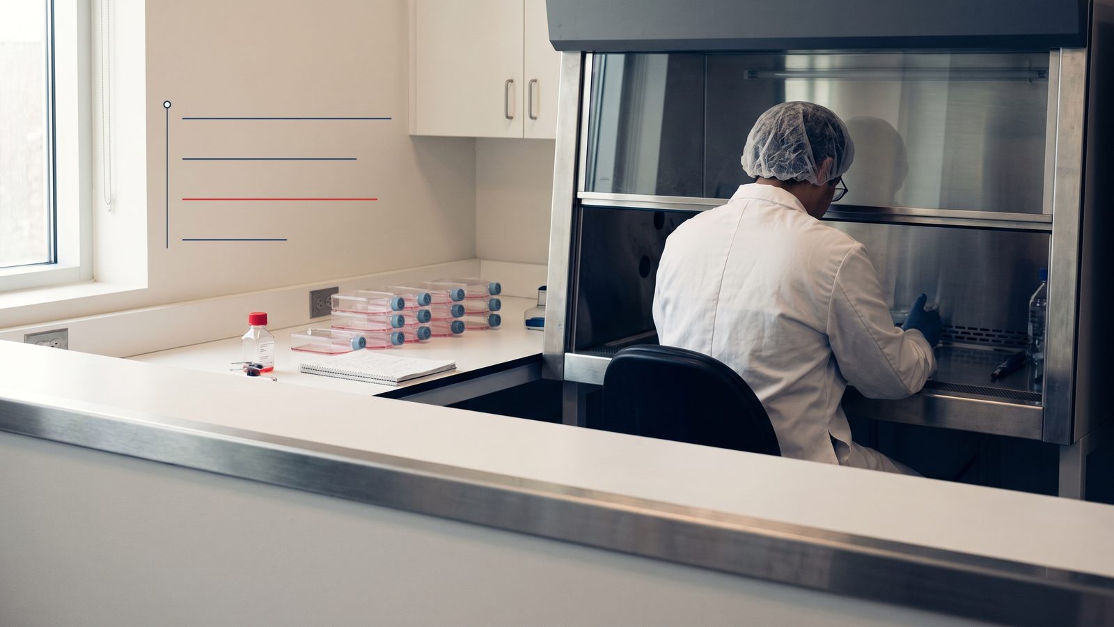 A scientist in a hairnet works at a biosafety cabinet beside a bench of red-capped culture flasks