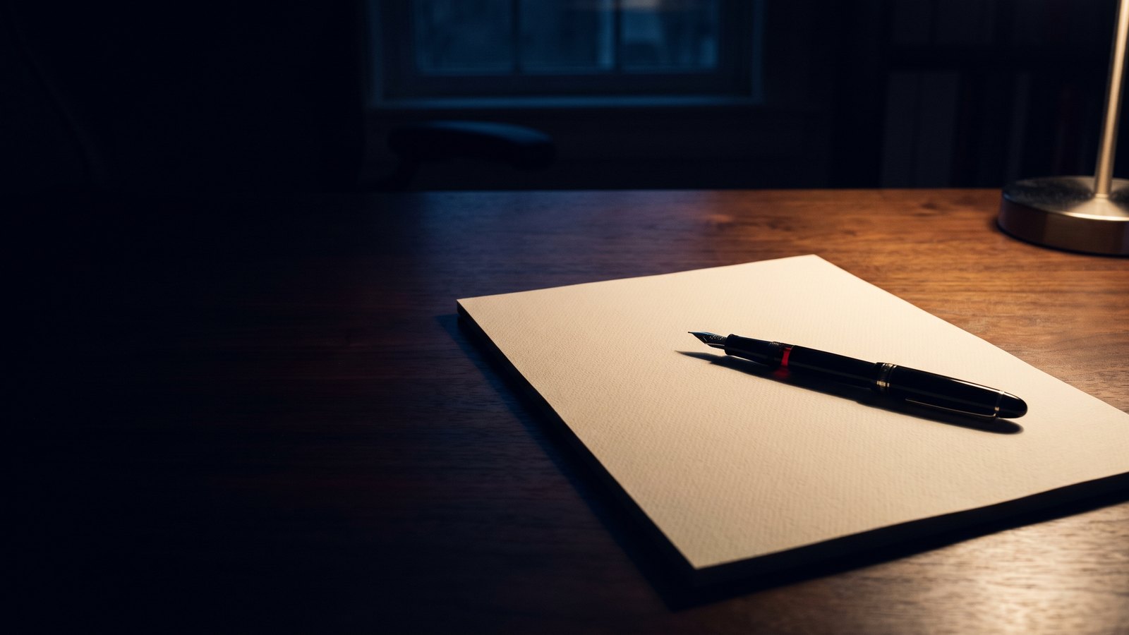A sheet of cream paper lying face down on a walnut desk, a black fountain pen resting across it
