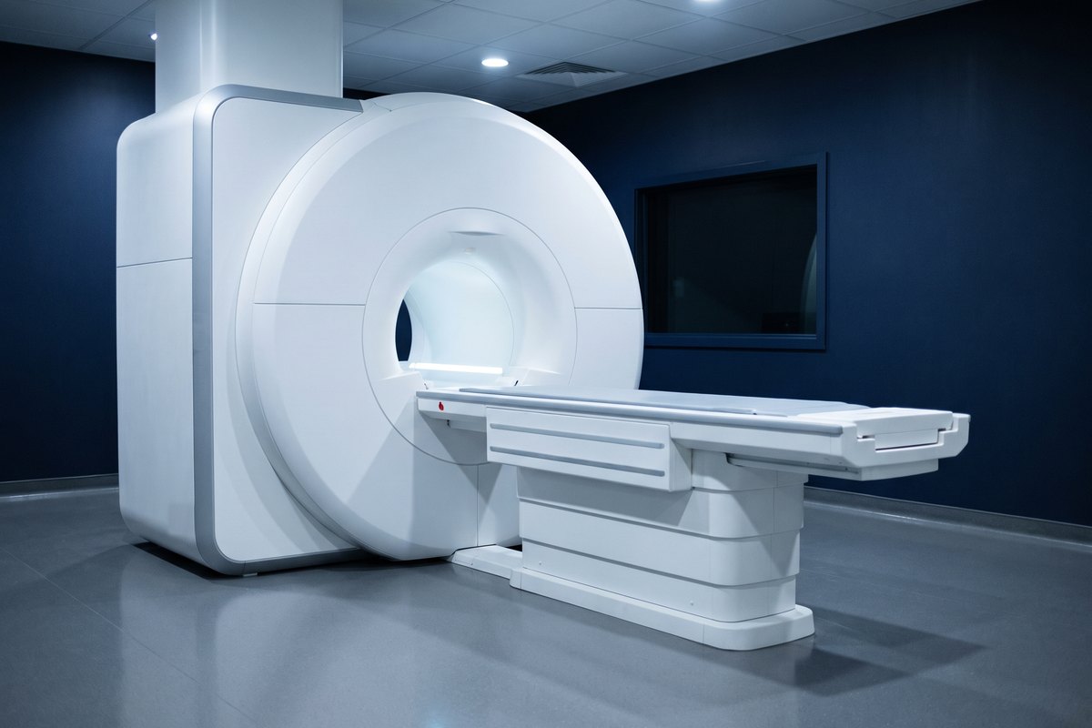 An empty MRI suite: a white scanner, its empty patient table and a dark observation window