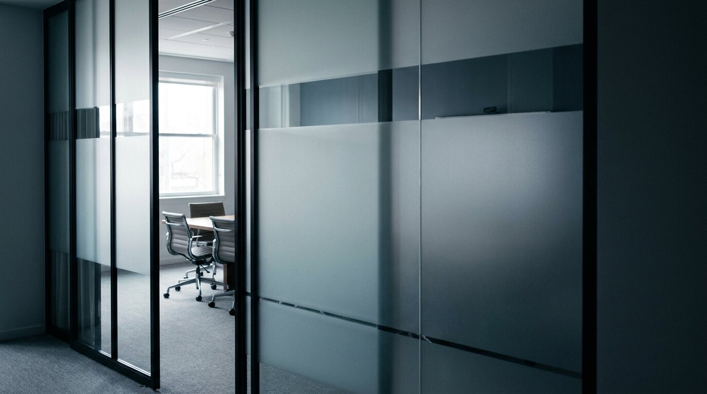 A frosted glass office partition with a clear band and an open door, giving a partial view of an empty meeting room by a window.