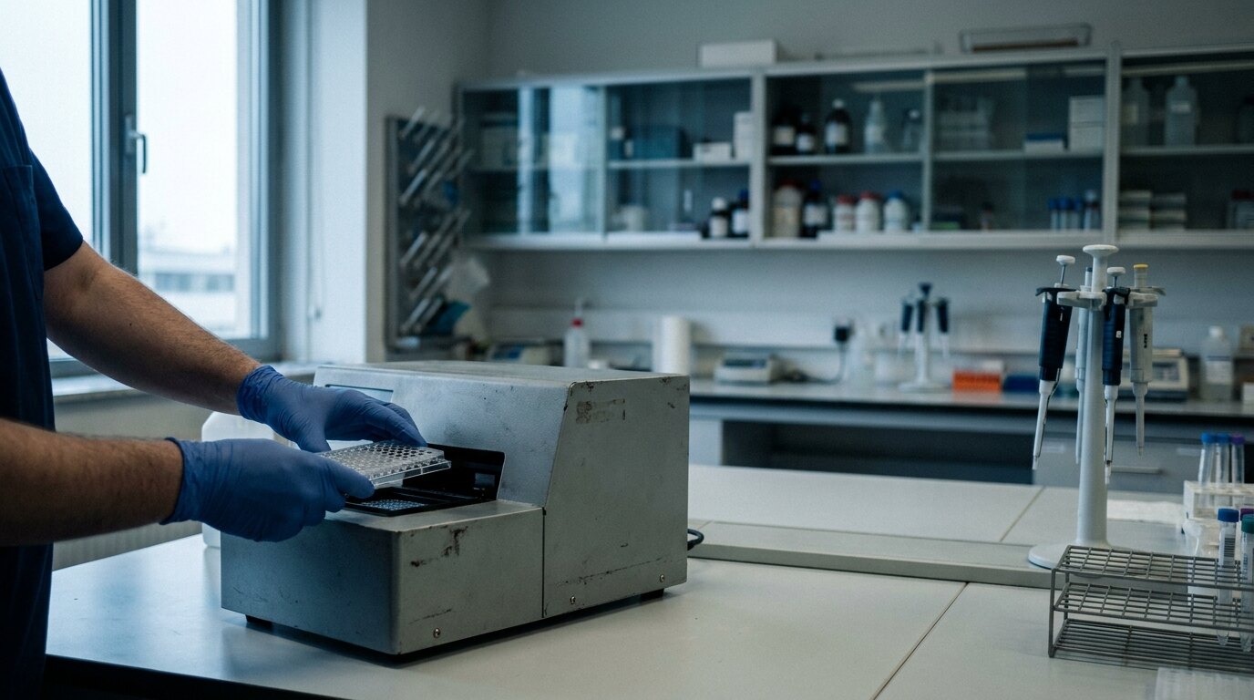 Gloved hands loading a sample plate into a worn benchtop instrument in a daylit lab, pipettes and tube racks blurred behind