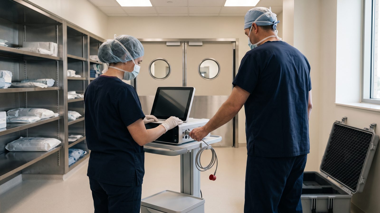 A field clinical specialist guiding an operating-room nurse through the setup of a newly delivered device console.