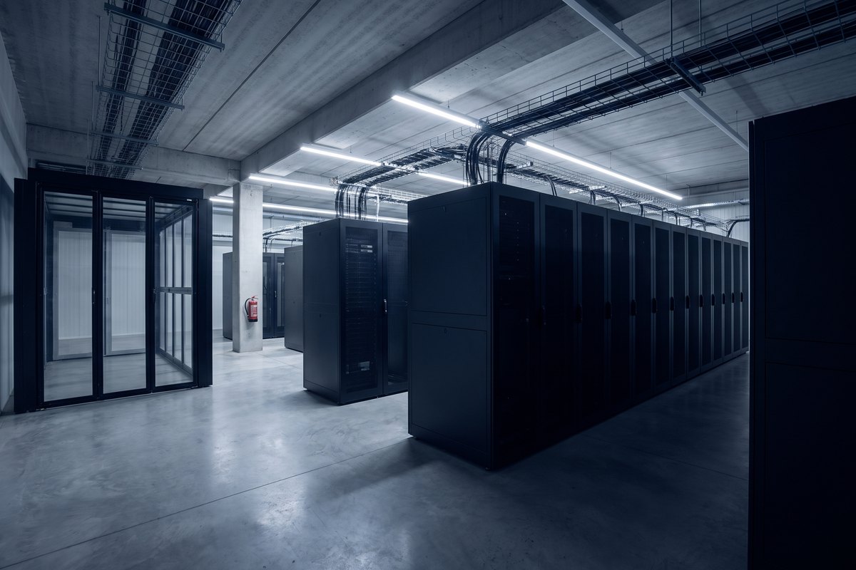 A quiet data hall: long rows of black server racks, overhead cable trays and a cold-aisle containment door