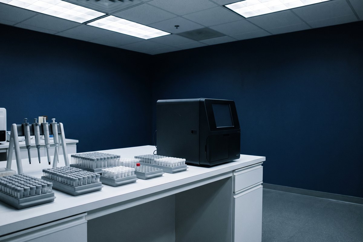 A molecular diagnostics laboratory at rest: tube racks, pipettes on a stand and a closed benchtop analyzer