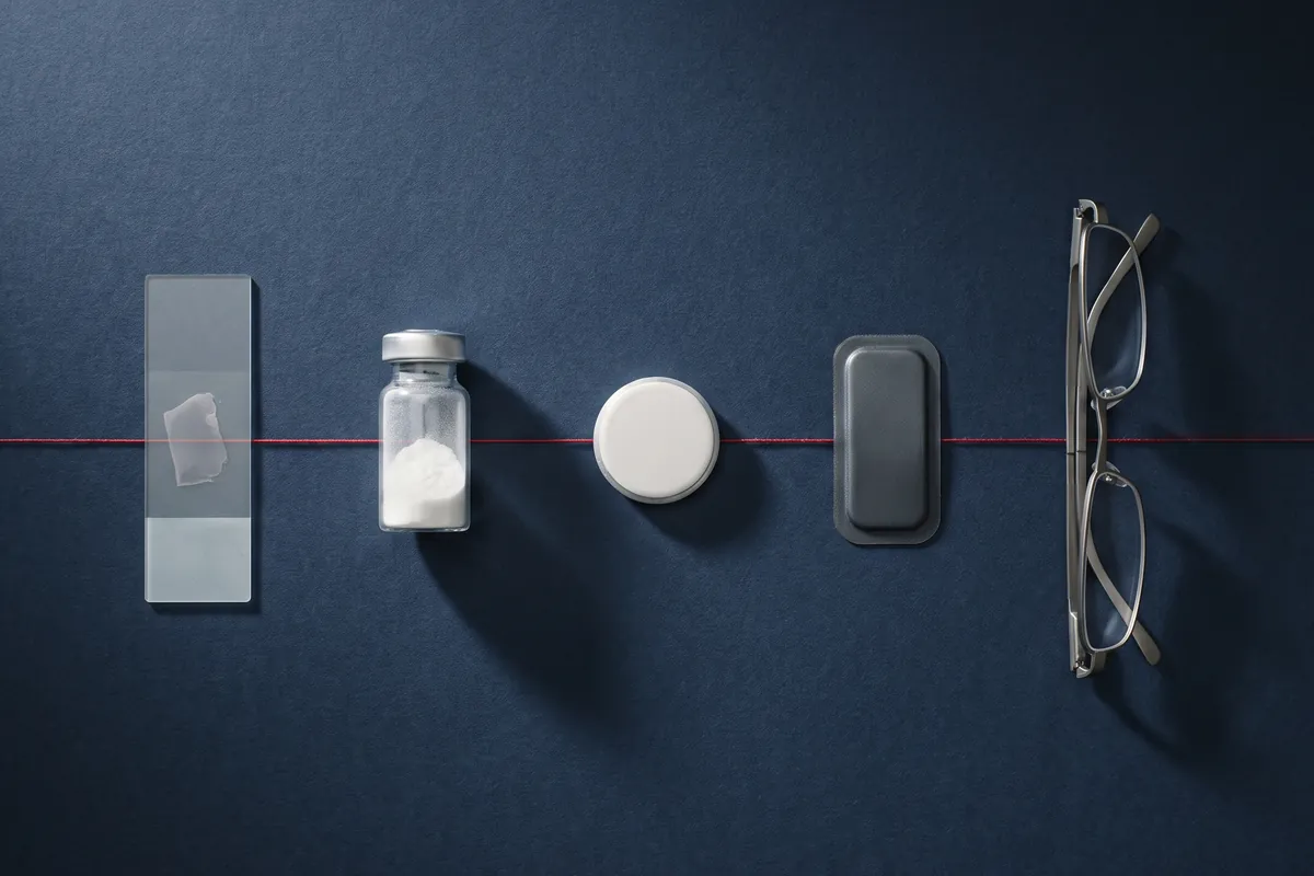 Five objects from life-sciences work set out in a row on navy paper: a microscope slide, a small vial, a coin-sized implantable device, a wearable sensor patch and a pair of reading glasses, all joined by one taut red thread.