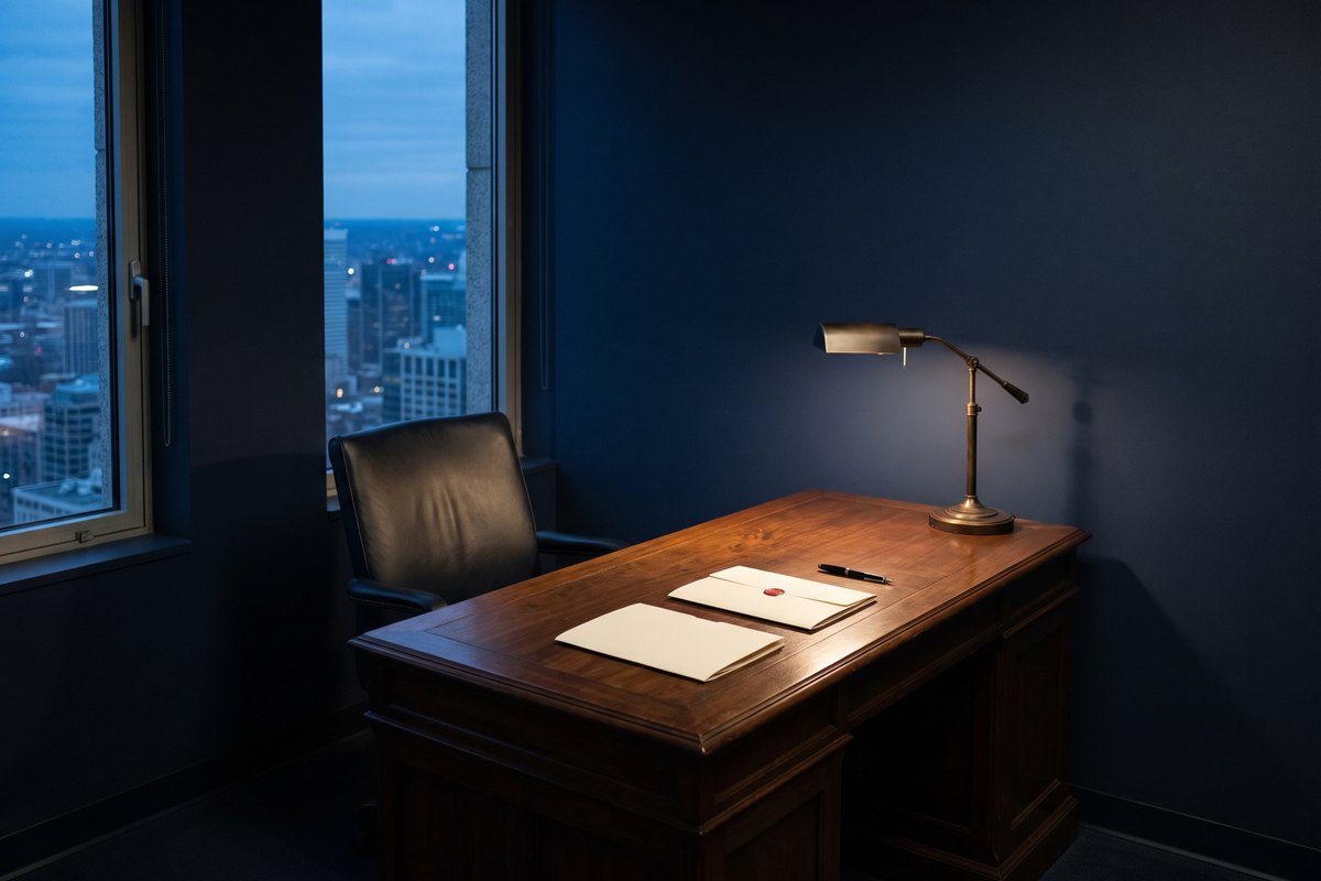 A walnut partner's desk at dusk with two closed folders and a desk lamp, beside a window onto the city