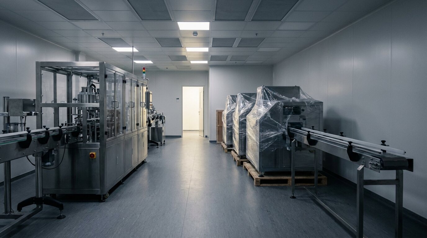 A manufacturing cleanroom with one production line running on the left and new machines still wrapped in plastic on pallets on the right.