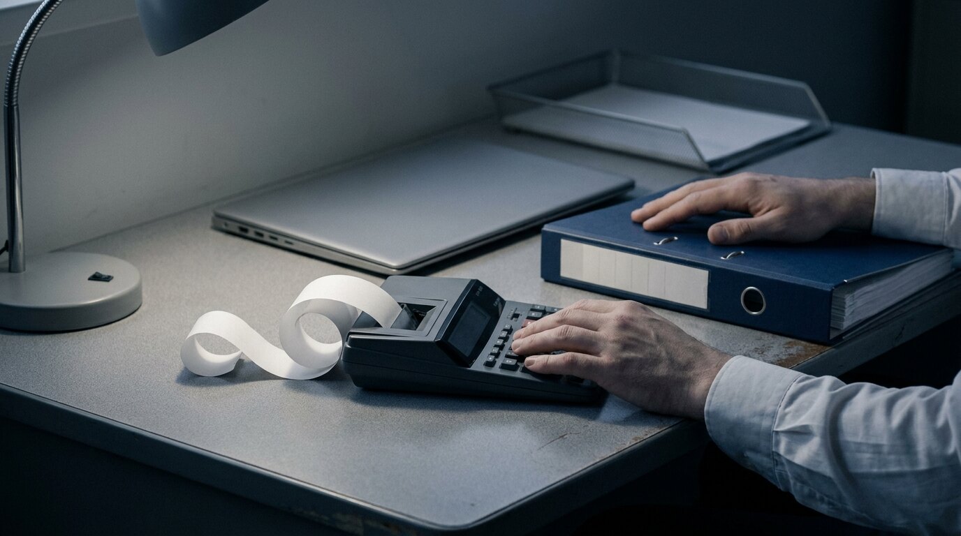 Hands at a gray desk, one on a printing calculator with its blank tape curling away, the other resting on a closed navy binder