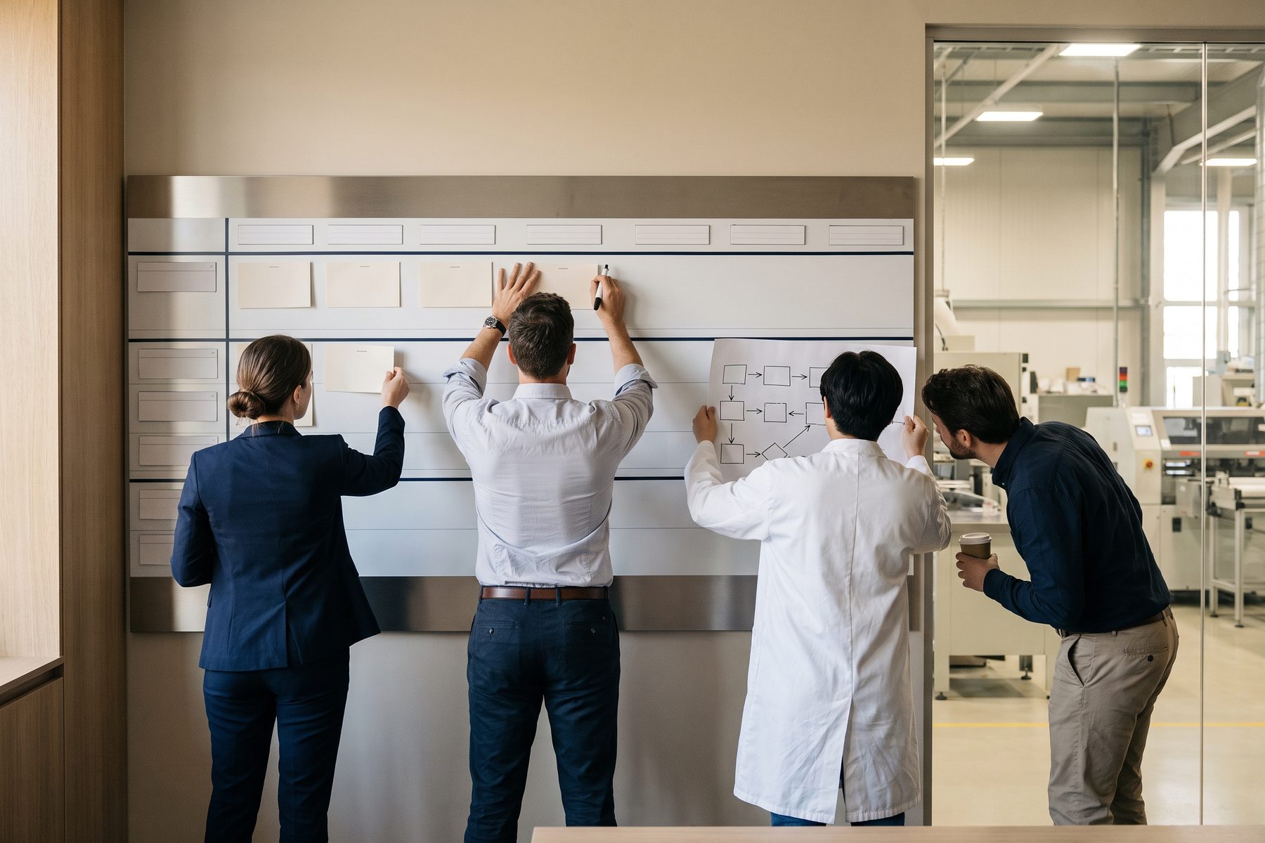 A small working group standing at a planning wall beside a production floor, moving cards as they rebuild a launch plan.
