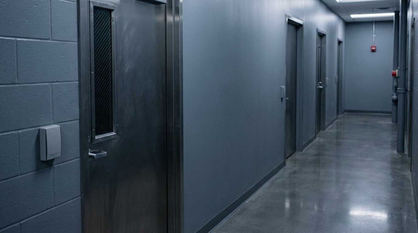A steel lab door with a narrow wire-glass window and a plain card reader beside it, the gray corridor receding past closed doors
