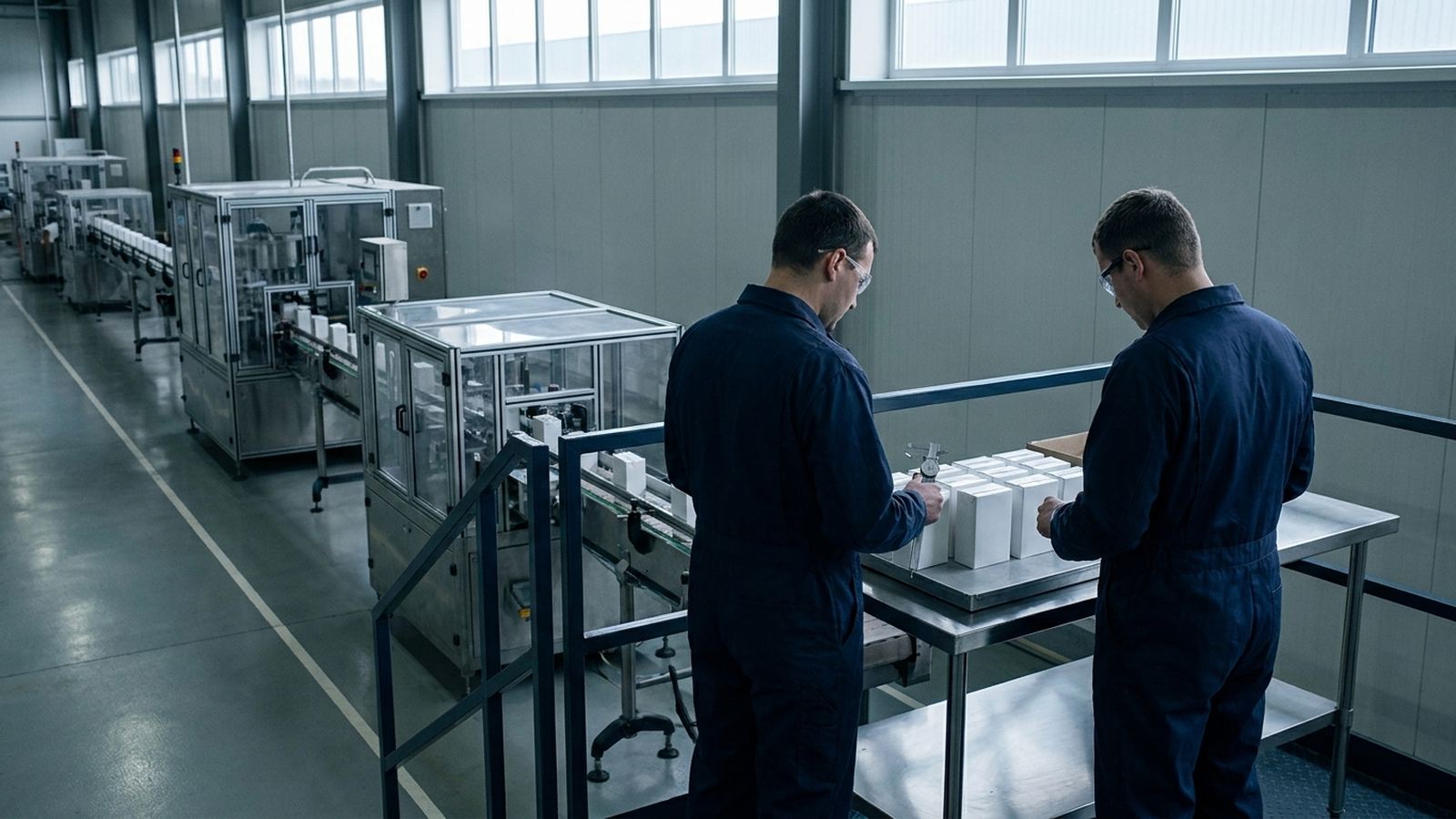 Two operators checking plain cartons at an inspection station at the end of a packaging line.