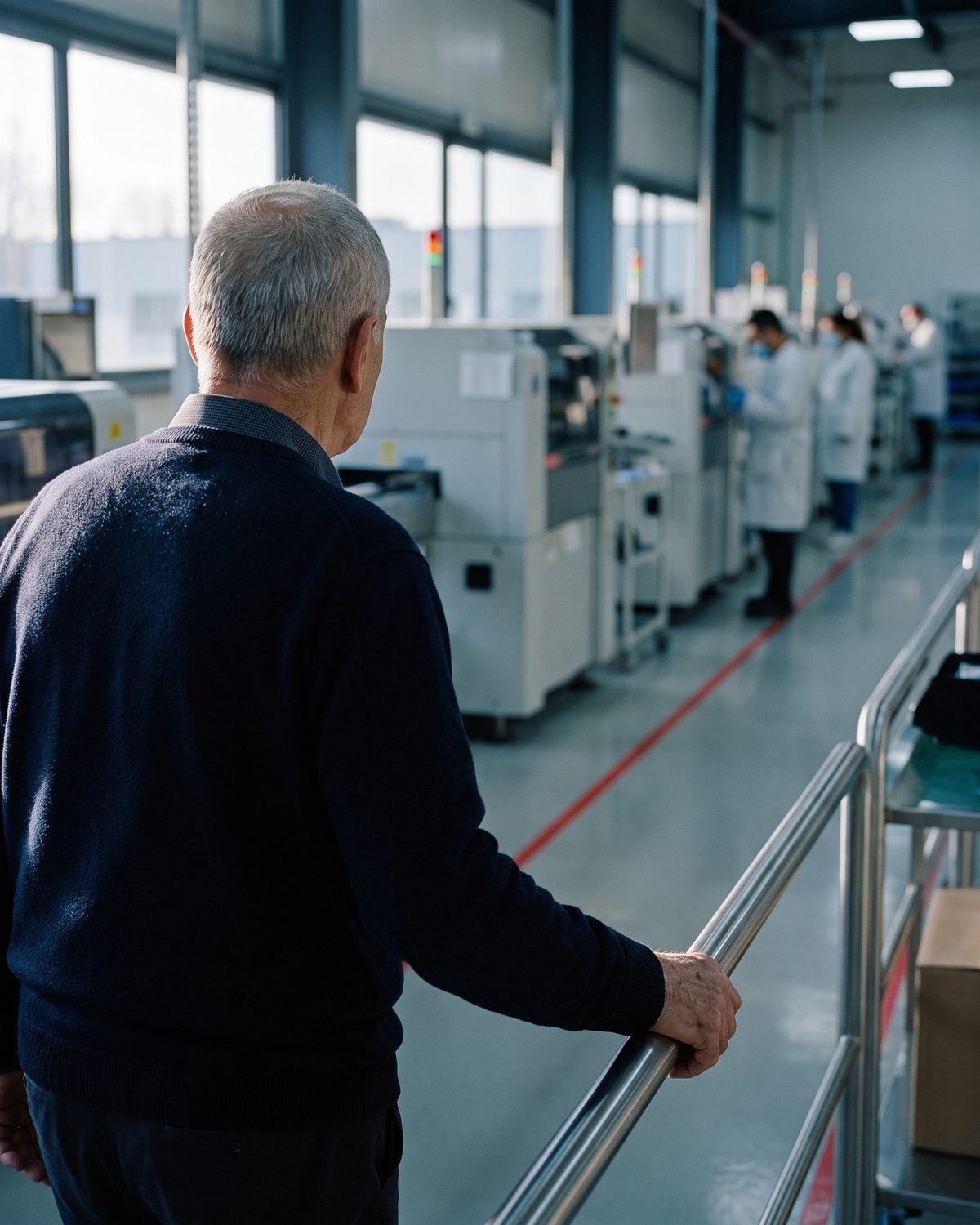A senior operator walking a medical device assembly line at first light, one hand on the guard rail.
