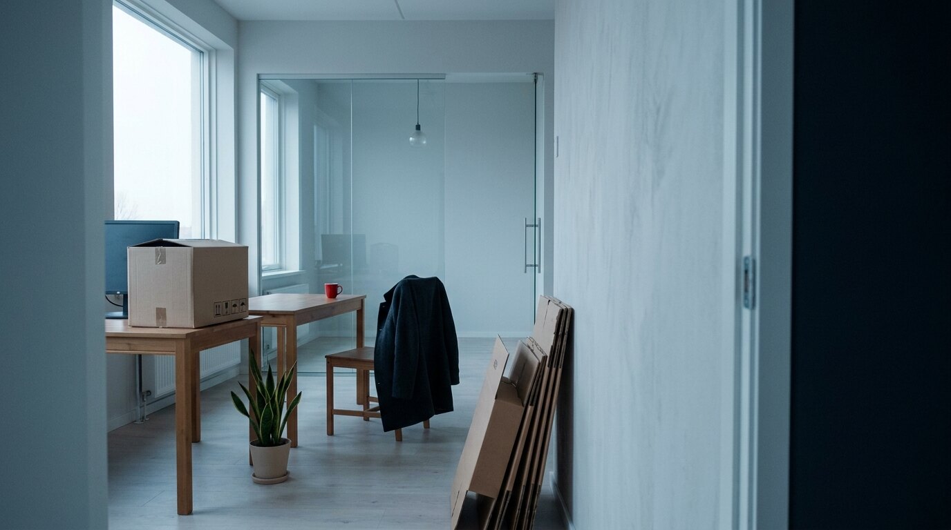 A small office being set up, with a box on a desk, flattened cartons against the wall, a coat on a chair and a glass room behind