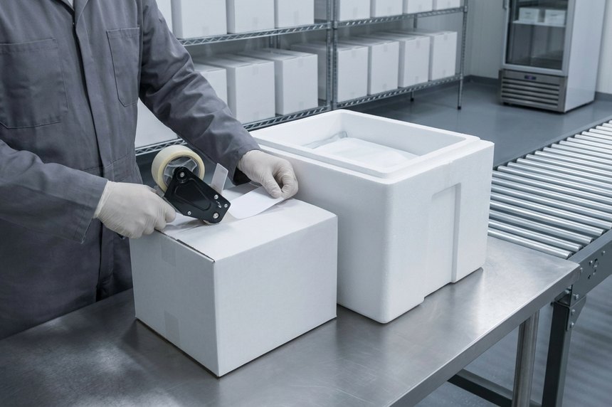 An operator sealing a plain white carton on a stainless packing bench beside an open insulated cold-chain shipper, a roller conveyor running away to the right.