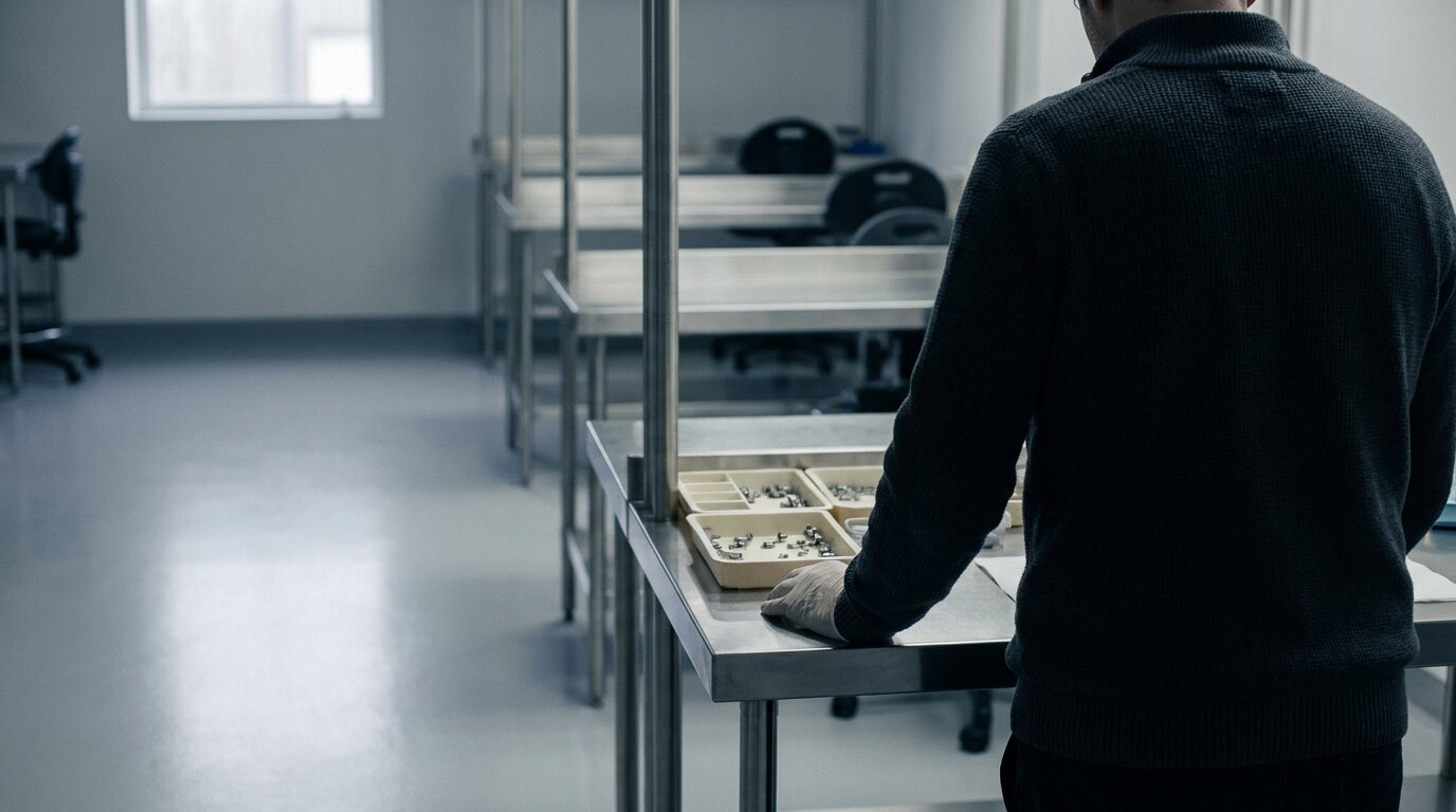 A person in a dark sweater, seen from behind, stands at a stainless steel inspection bench beside trays of small machined metal parts.