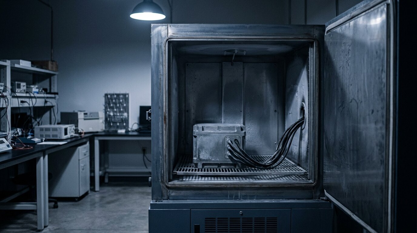 A gray metal sensor housing with cables running out a side port, sitting inside an open steel test chamber in a dim engineering lab