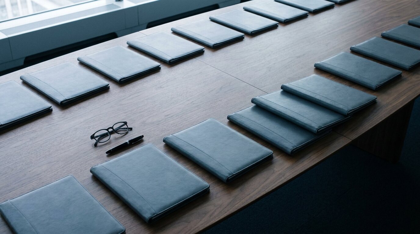 Rows of closed slate-gray leather folders on a long walnut table, a few shifted out of line, with reading glasses and a pen nearby.