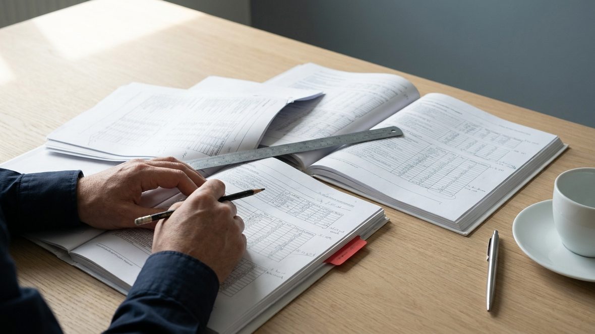 An open operating plan and a marked-up diligence file on a table, one hand annotating a page in pencil.