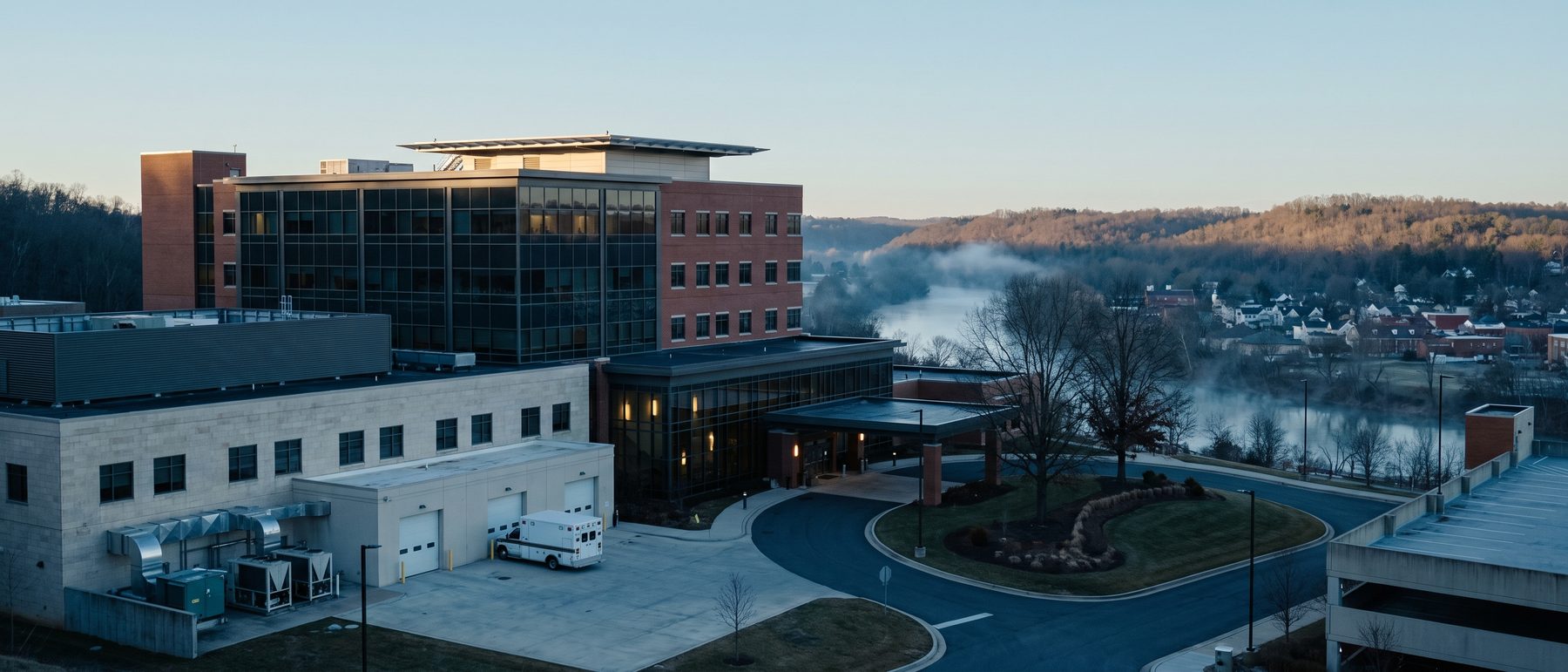 A regional hospital campus at dawn &mdash; patient tower, diagnostic and clinic wing, glazed main entrance and covered ambulance bay &mdash; above a river town.