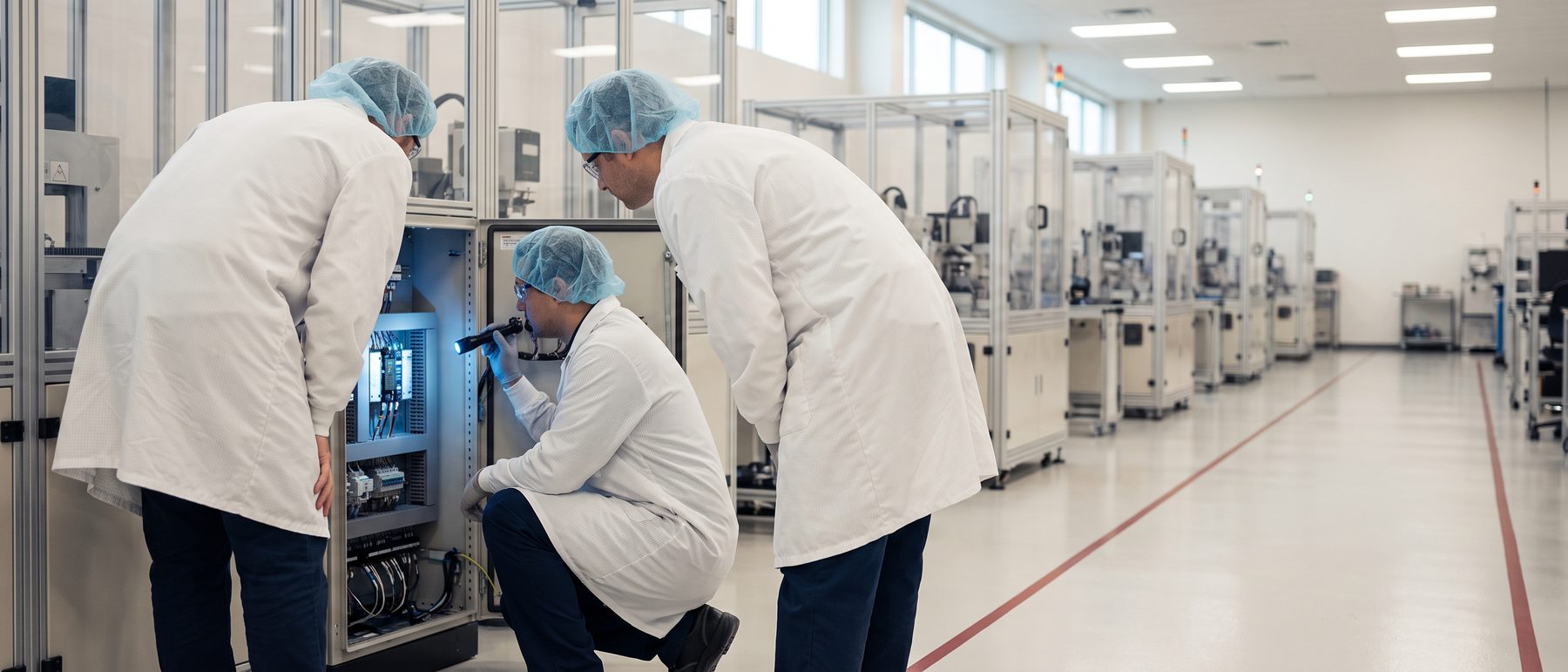 Three engineers in lab coats inspecting the control cabinet of an automated assembly cell during technical diligence.