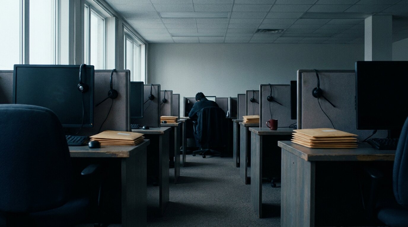 Rows of cubicle desks with dark monitors, resting headsets and stacks of manila envelopes, one worker seen from behind far down the row