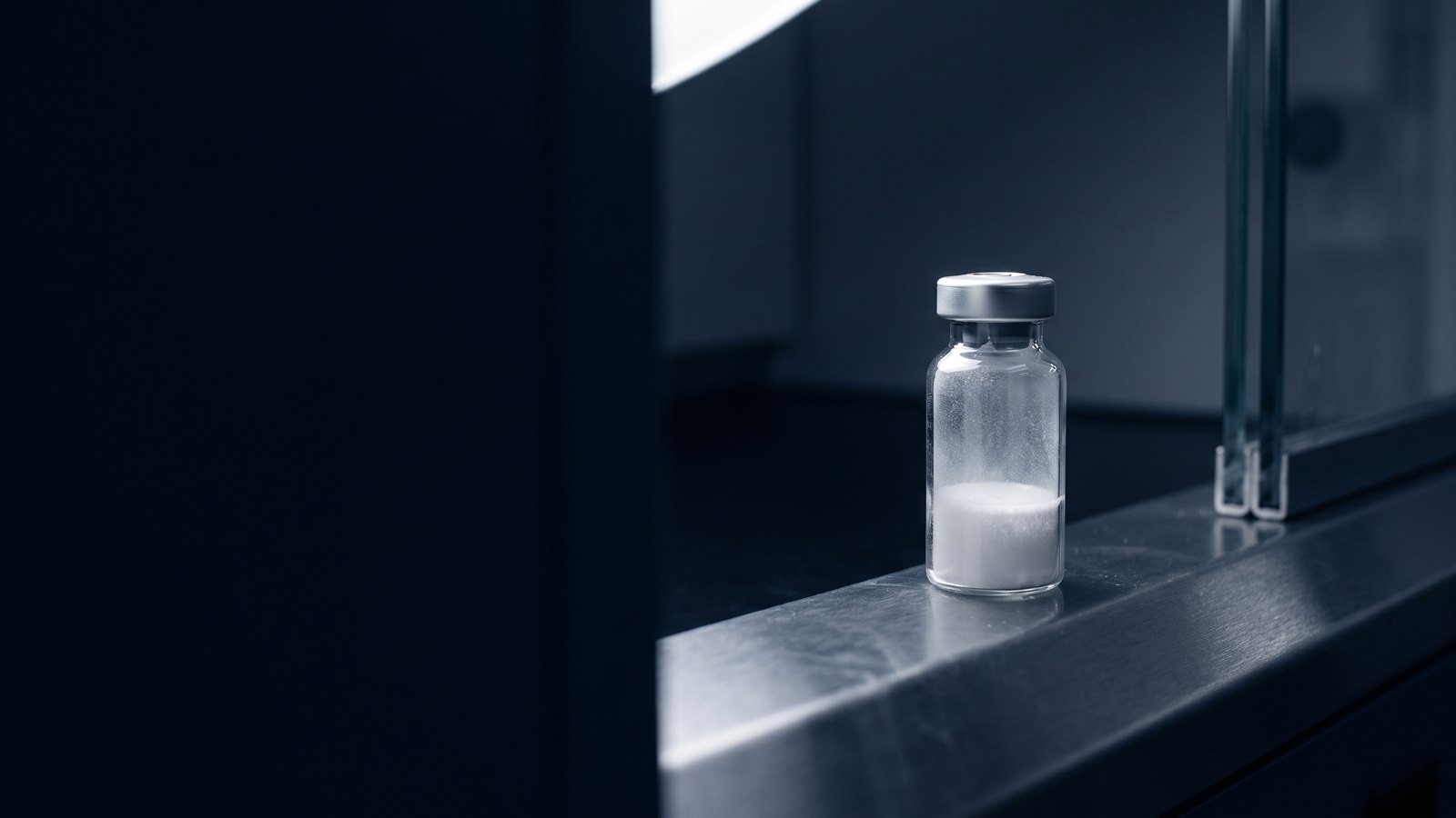 A glass vial of white lyophilized drug product with a silver crimp cap, on a steel laboratory bench