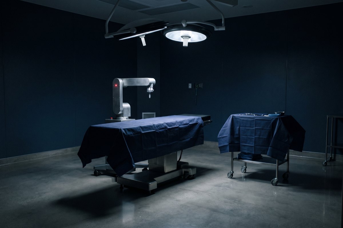 An empty operating room between cases: a draped table, a parked robotic arm and a covered instrument trolley