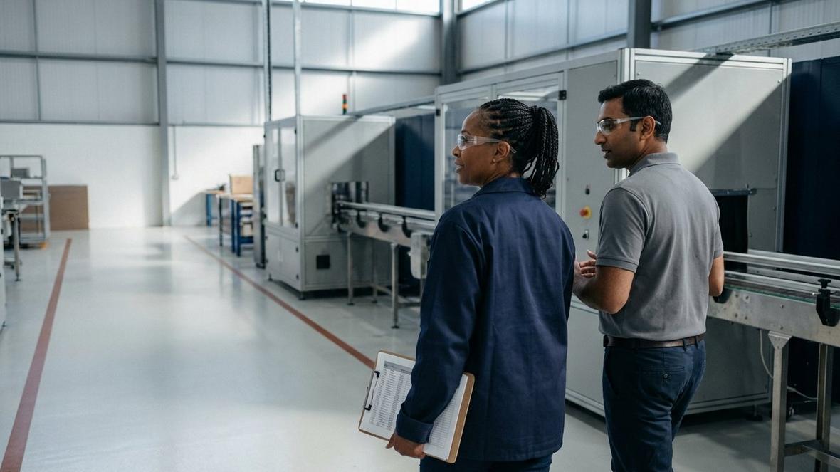 An operator walking a production floor with the site team