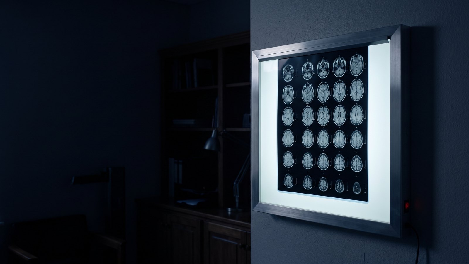 A wall lightbox in a dark reading room, holding one sheet of axial brain MRI slices
