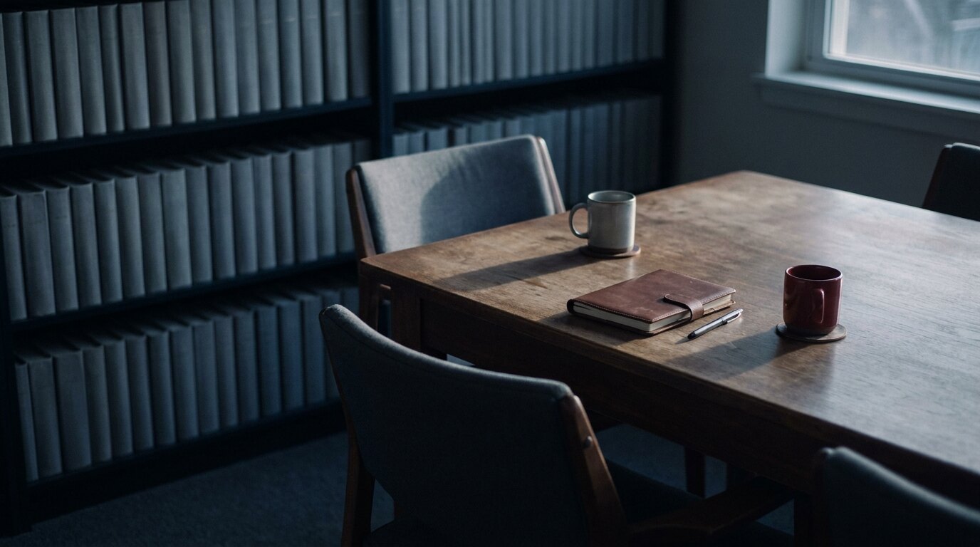 A worn wooden table with a leather notebook, pen and two mugs beside shelves of plain gray binders in a dim room with one window