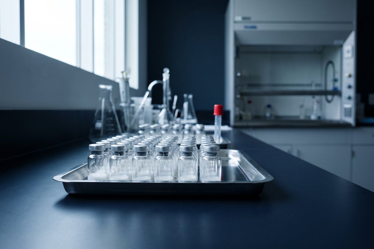 A steel tray of capped glass vials on a formulation laboratory bench, with a fume hood and glassware behind