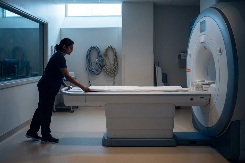 A clinical imaging suite with a technologist at the console