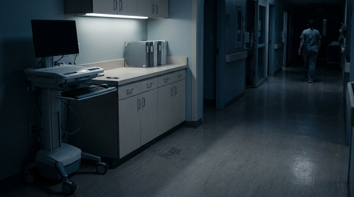 A dim hospital nursing station with a dark computer cart and gray binders on the counter, a nurse walking away down the corridor