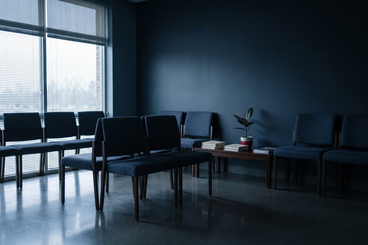 An empty clinic waiting room at dawn: rows of upholstered chairs and a low table beside a window with blinds