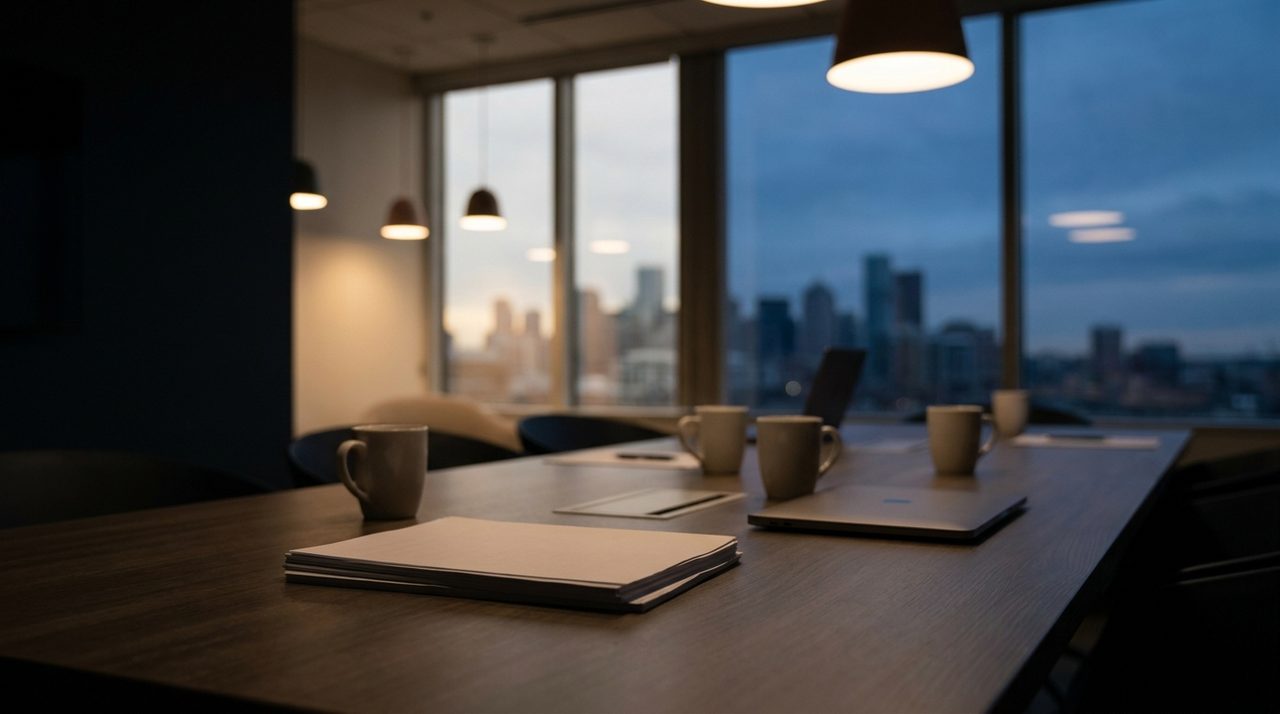 An empty boardroom table set for a financing negotiation, with a city skyline visible through the window