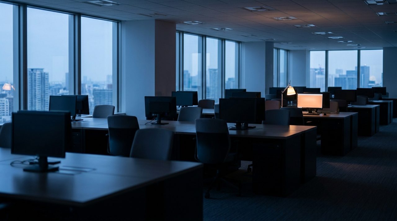 An empty office floor at dusk with a single lit workstation in the distance, representing a carved-out business separating from its parent's infrastructure