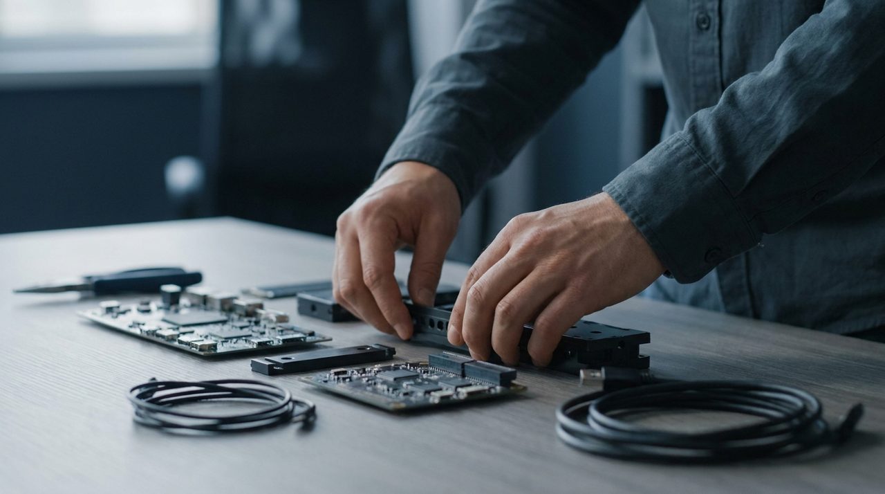 Hands assembling separate modular components on a workbench, representing the operational rebuild required after a corporate carve-out