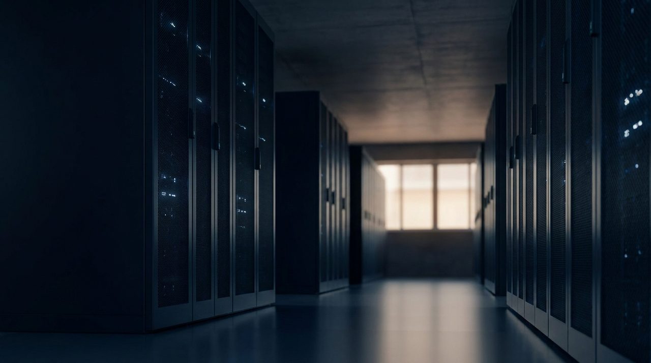 A data center corridor with server racks receding into darkness, representing the infrastructure decisions driven by cross-border data residency rules