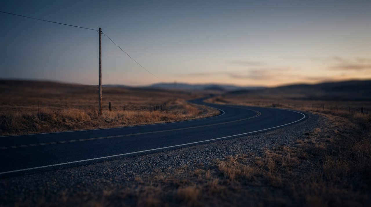 A rural road and utility line at dusk, representing the physical infrastructure gap underlying digital health access in rural communities
