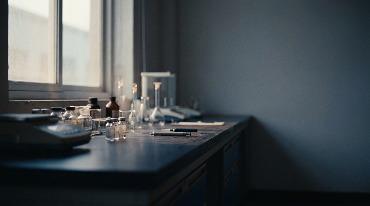 A quiet, softly lit clinical laboratory bench with instruments in shallow focus
