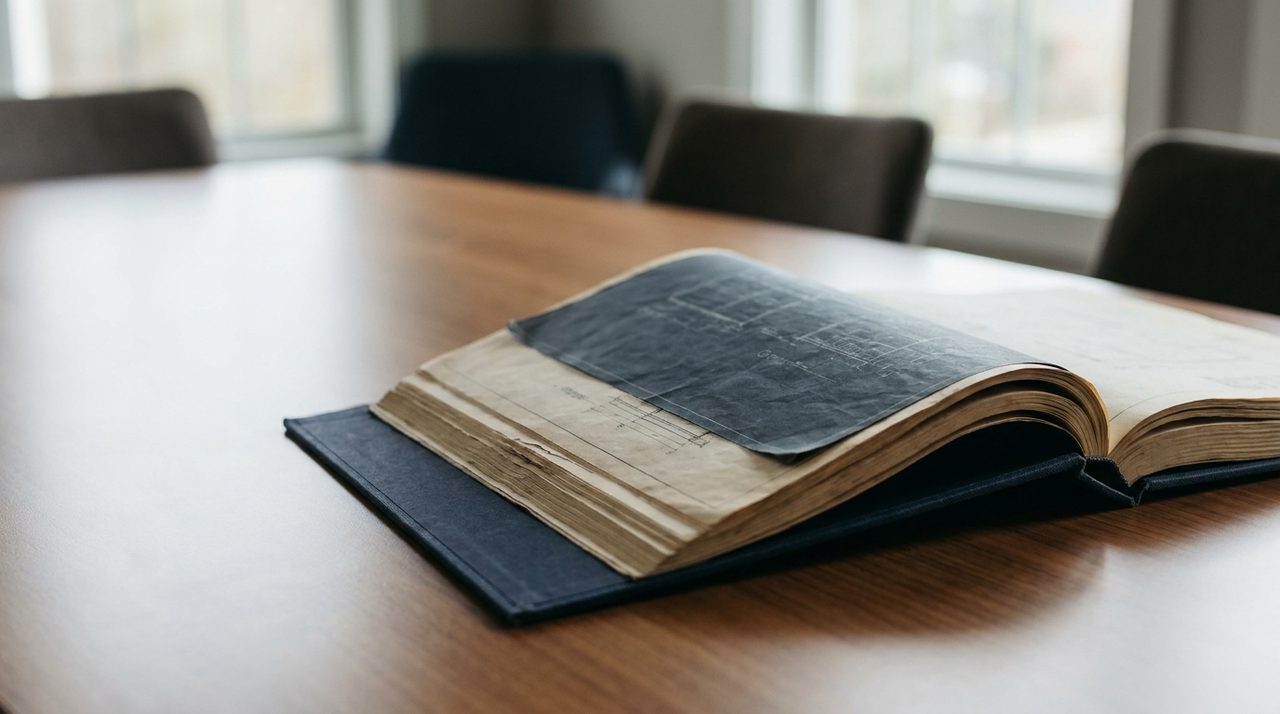 An open technical binder and documents on a conference table, softly lit