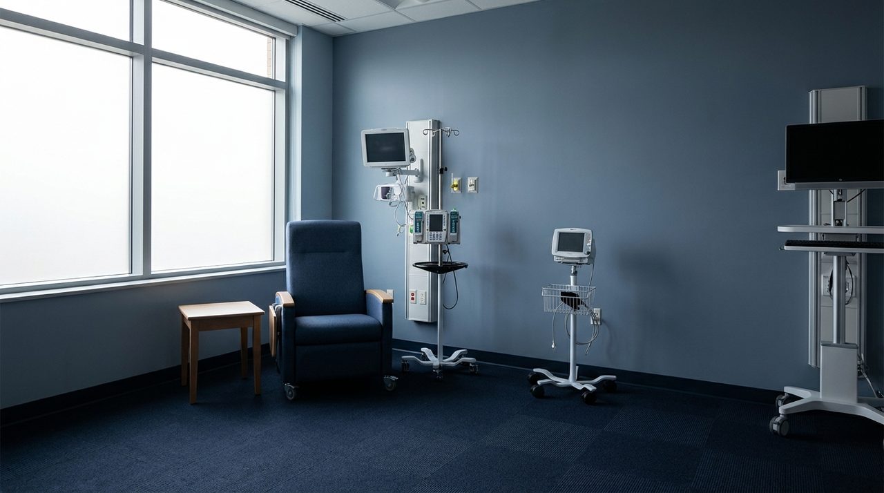 An empty infusion suite chair by a window, suggesting the point of care where a gene therapy is actually delivered