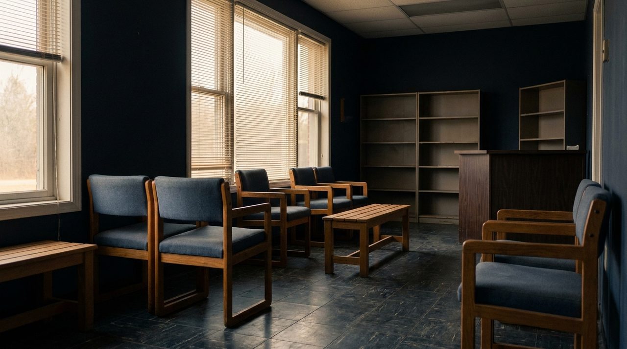 An empty rural mental health clinic waiting room, representing the geography of the clinician shortage rather than a technology product