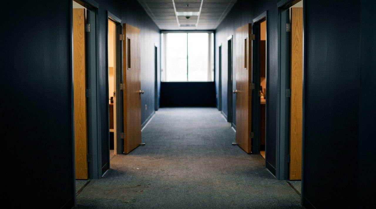 A corridor of clinical office rooms, representing physical capacity constraints distinct from scheduling technology