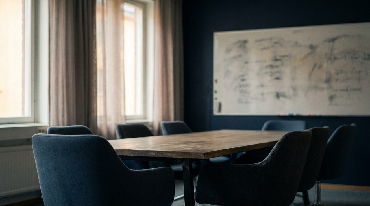 An empty benefits or care-management meeting room, representing the payer and employer decision process behind mental health technology contracts